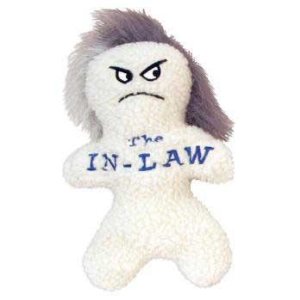 A silly squeeky toy for dogs with In-Law written across the front.